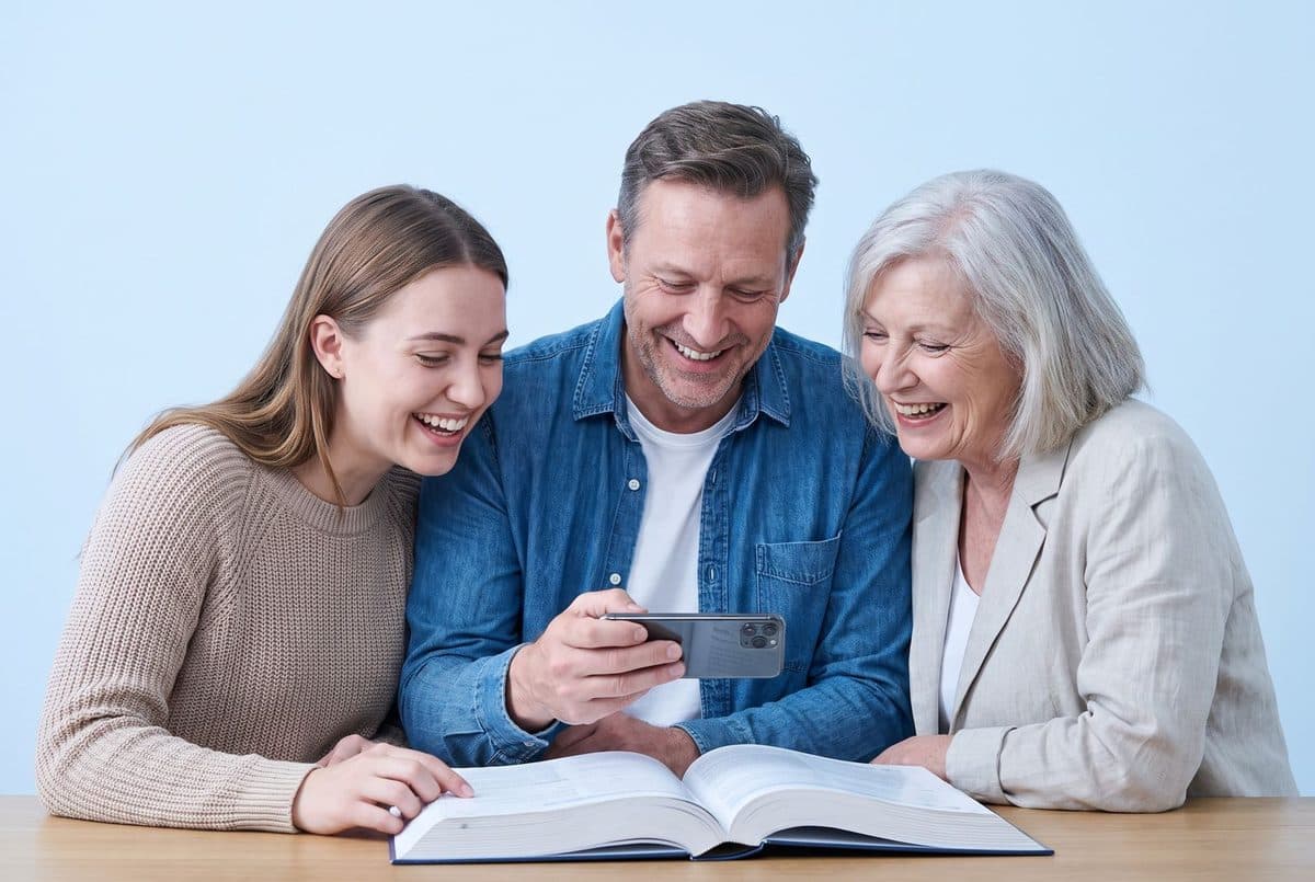 Three adult students laughing over one textbook.